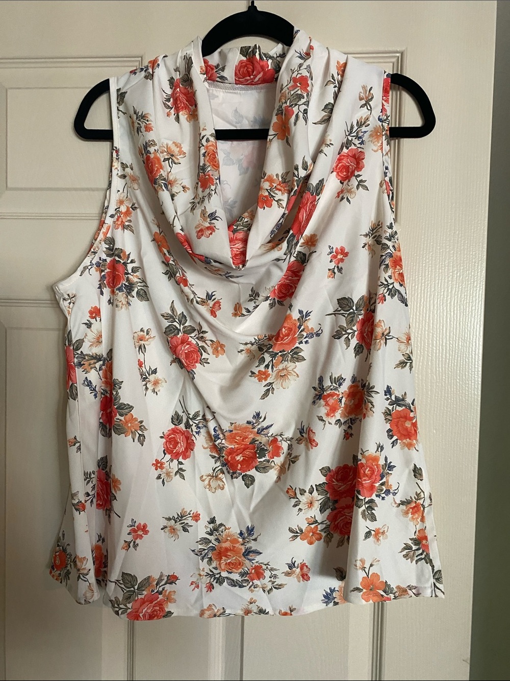 Sleeveless White Floral Cowl Neck Top